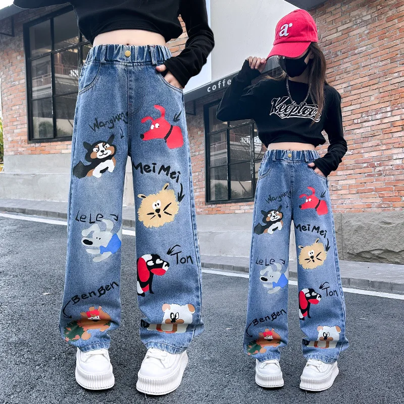 New 2026 Teenage Girls Blue Street Cartoon Print Elastic Mid Waist Loose Denim Jeans Spring Fashion Children Cute Wide Leg Pants