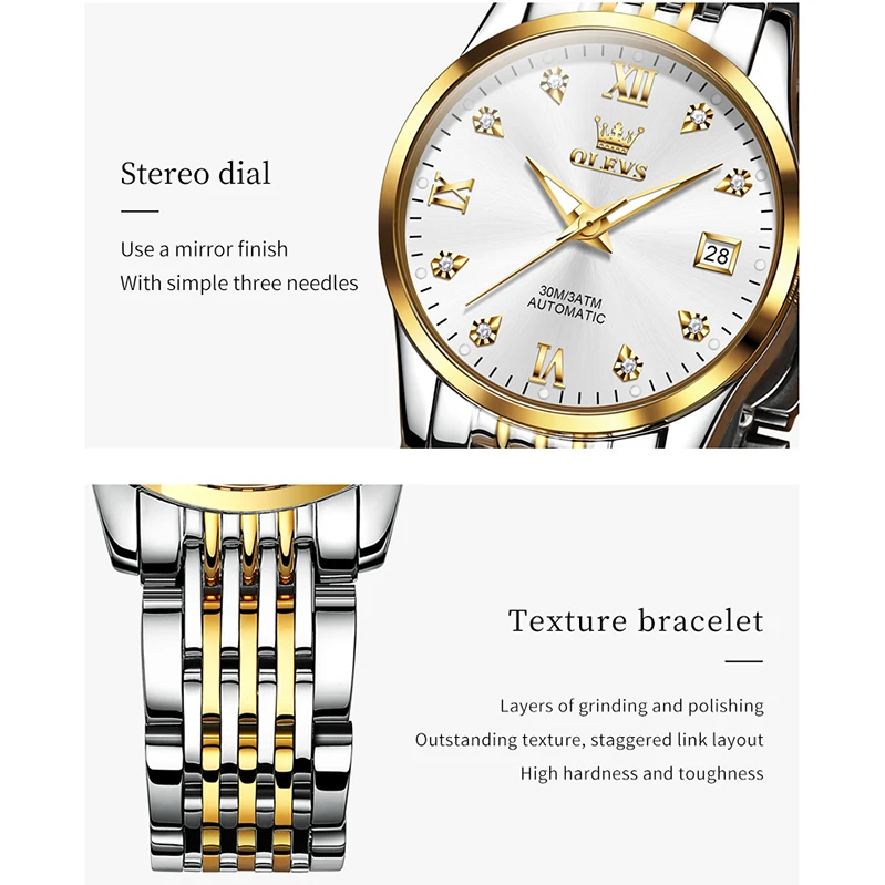 OLEVS 6673 zegarek mechaniczny okrągły zegarek ze stali nierdzewnej świecący kalendarz