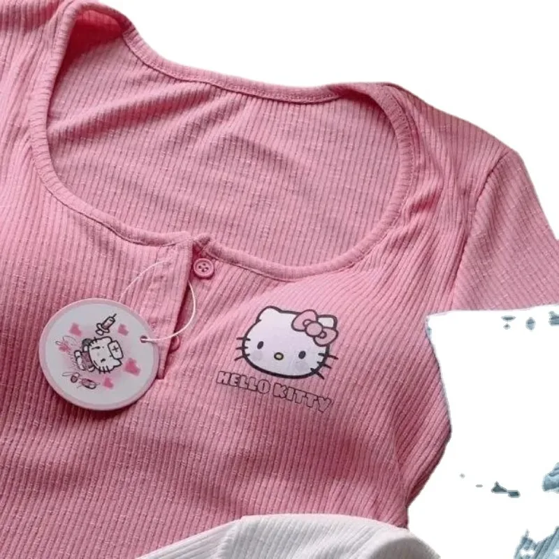 Nowy Sanrio Hello Kitty seksowna bielizna z krótkim rękawem modny Trend damski t-shirt z okrągłym dekoltem Top kreskówka z wkładek do biustonosza