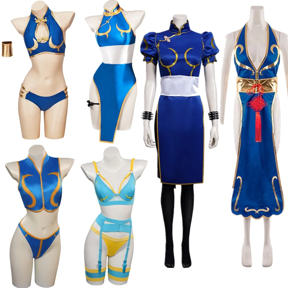 Chun Li Cosplay Costume Female Dress Halloween Game SF Role Play Blue Skirts Outfit Women Full Set Party Disguise Suit