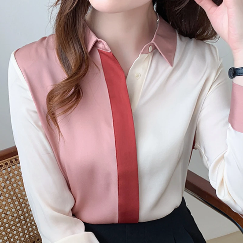 2023 New Color Matching Shirt Women Blouse Vintage Work Casual Tops Chiffon Blouse Long Sleeve Loose Women Business Shirt