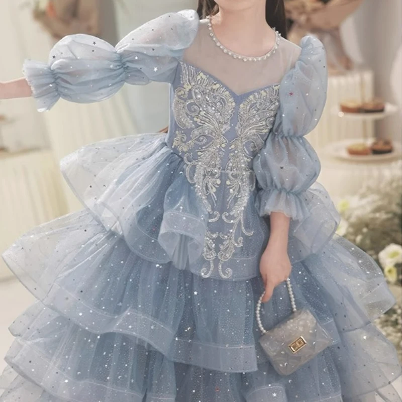 Customized Exquisite Luxury O-neck Puff Sleeve Temperament Flower Girl Dress Popular Star Sequin Print Floral Appliques Robe Mes