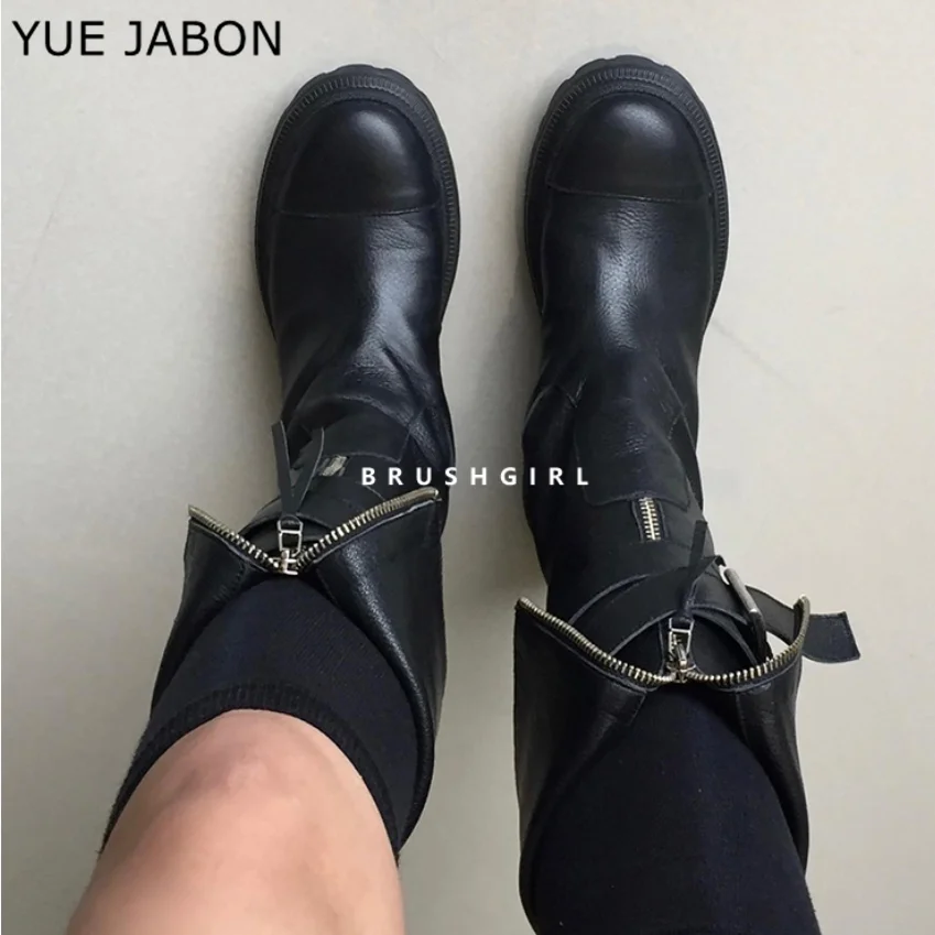 Sewing Front Zipper - รองเท้าบูทหนังแท้สีดำสำหรับผู้หญิง รองเท้าบูทหนังวัวส้นหนาแบบมีสายรัดหัวเข็มขัดสำหรับฤดูหนาว รองเท้าบูทสีดำแบบมีซิปด้านหน้า