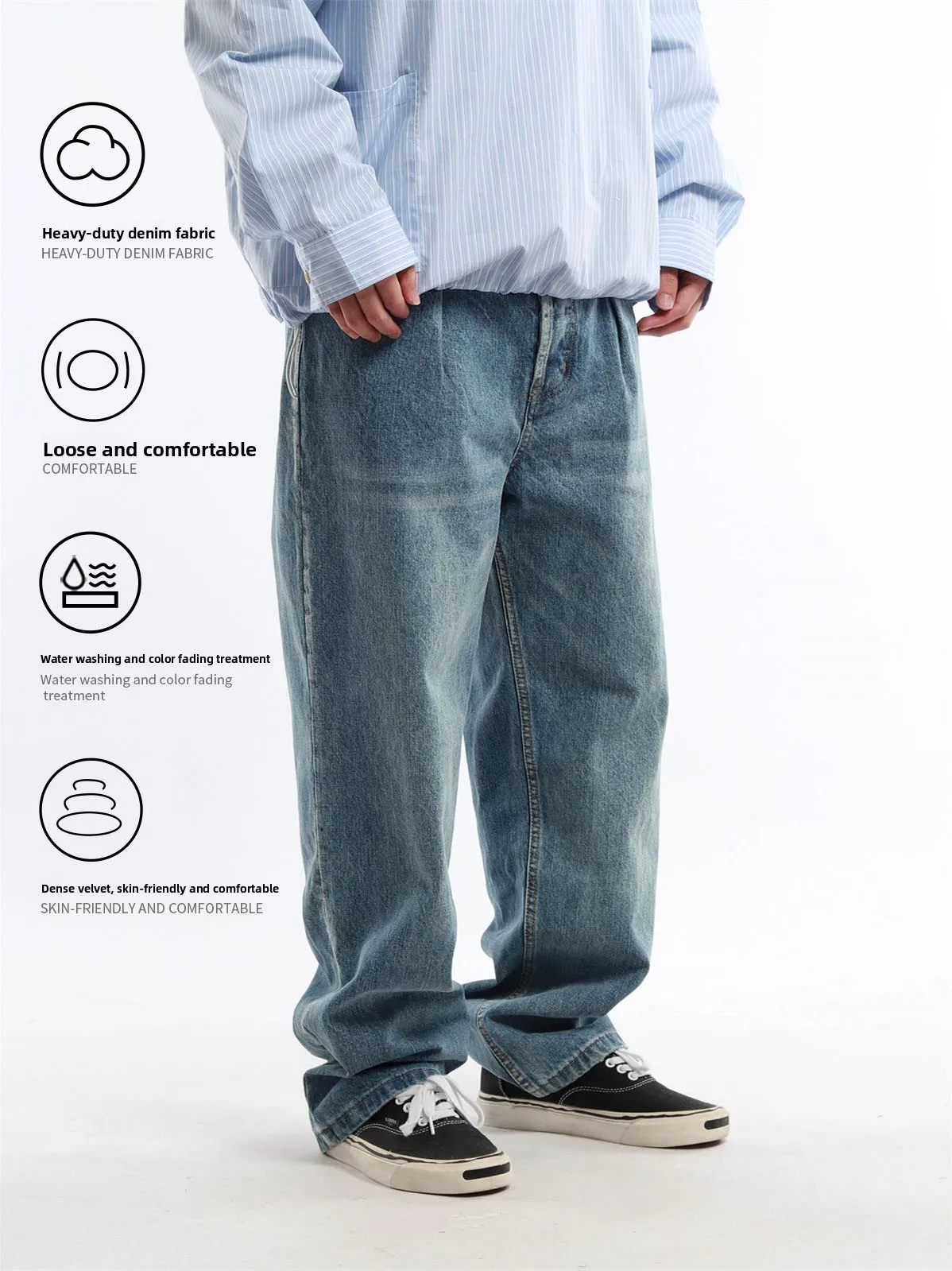 Retro Japanese Style Cleanfit Workwear Jeans Casual Straight Leg Blue Denim Pants Men's Comfortable Soft Cotton Polyester