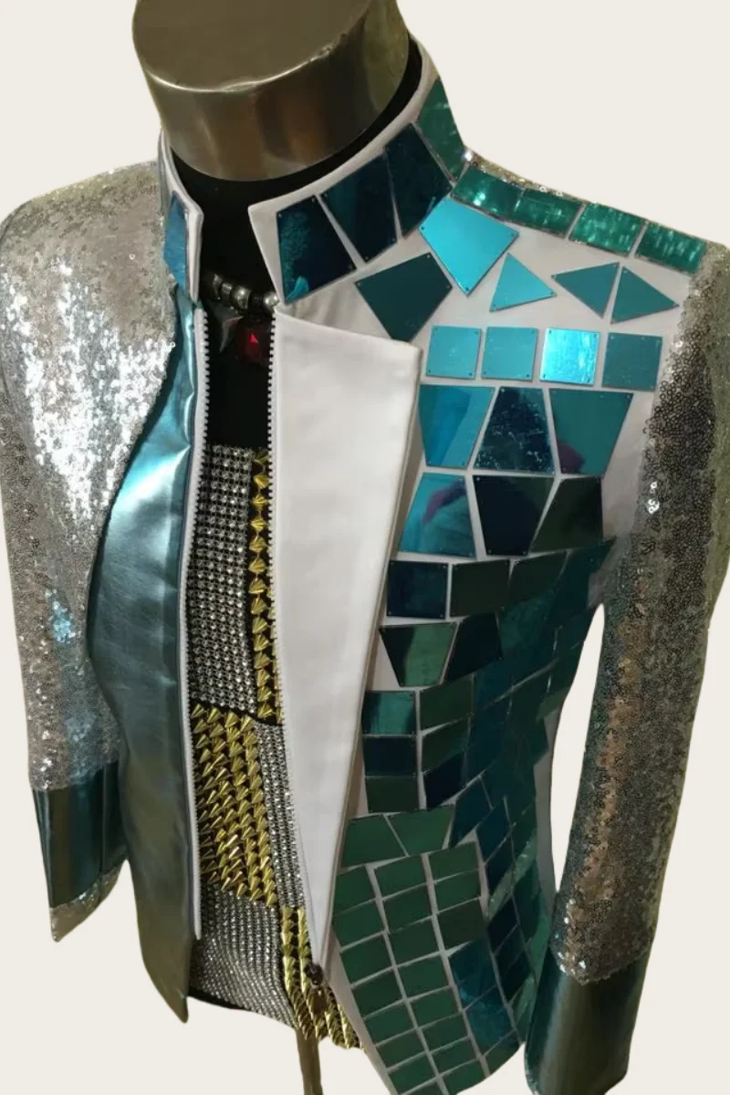 Handmade Man Sequins Mirror Lens Suit Jacket Nightclub Bar Male Singer Performance Suit Party Stage Show Host Dancer Costumes