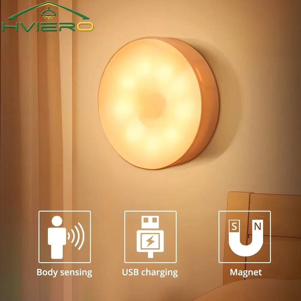 Round Night Light Led Wireless Motion Sensor USB Bulbs Charging Bedroom Decoration Staircase Cabinet Wardrobe Lighting Wall Lamp