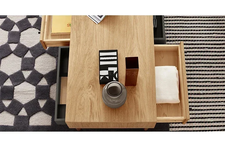 A Nordic Simple Solid Wood Coffee Table TV Cabinet Combination Living Room Furniture With Four Drawers Tea Table