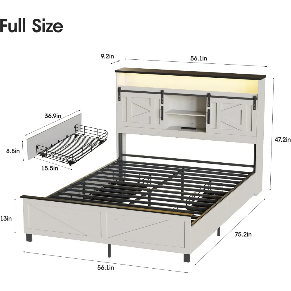 Full Size Bed Frame with 4 Drawers and Bookcase Headboard, Sliding Barn Door Storage Shelves, LED Lights and Charging Station