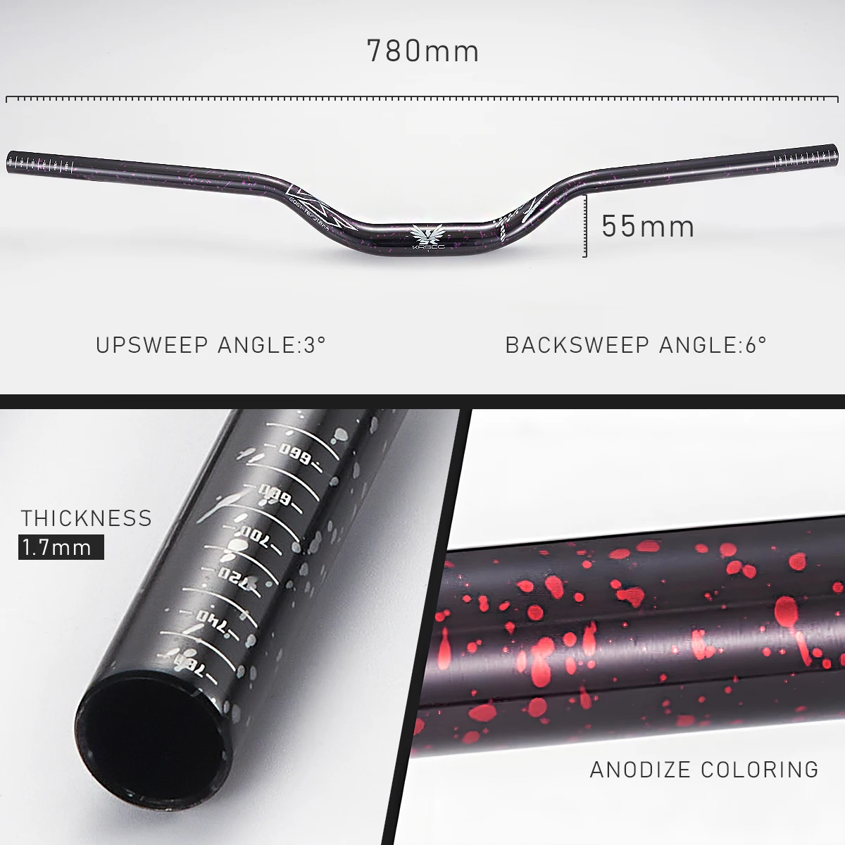 KRSEC 31.8 مللي متر دراجة هوائية جبلية المقود سبائك الألومنيوم دراجة الناهض المقود 55 مللي متر ارتفاع 780 مللي متر طول المقود مع سطح الضوء