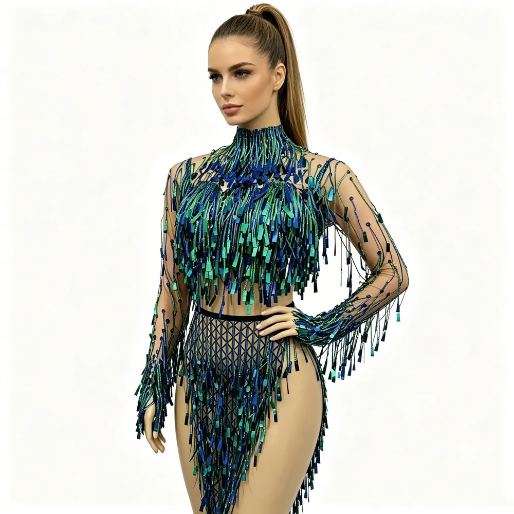 Women Glitter Sequin Tassel Crop Top Asymmetry Skirt 2 Piece Set Bar Nightclub Sexy Stage Wear Singer Dancer Performance Costume