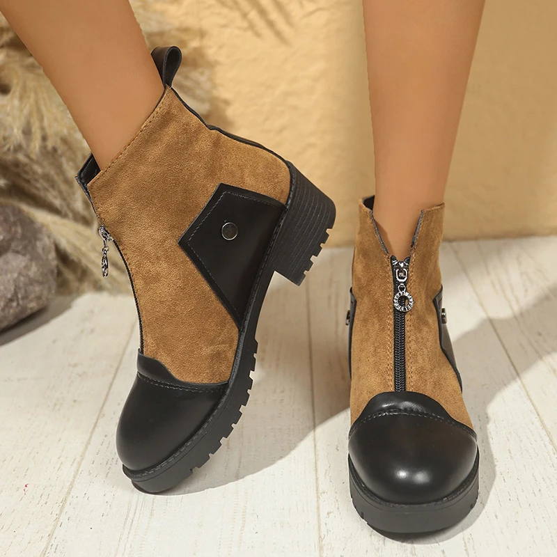 Rimocy Fashion Front Zipper Platfrom Ankle Boots Women New Patchwork Med Heel Short Boots Woman Square Heels Design Botas Mujer