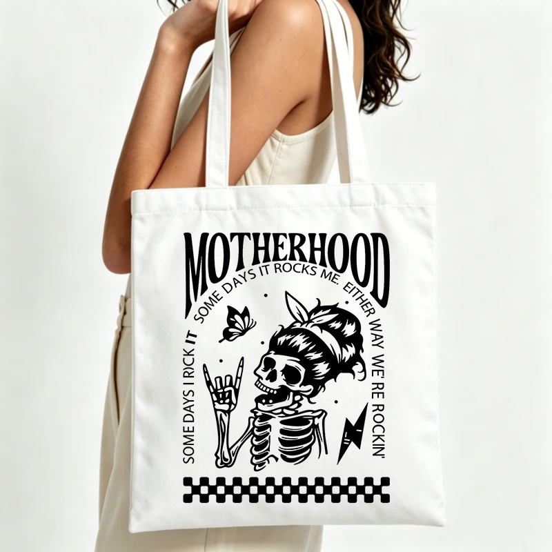 skull graphic canvas tote bag with slogan print, casual style for daily shopping and weekend outings