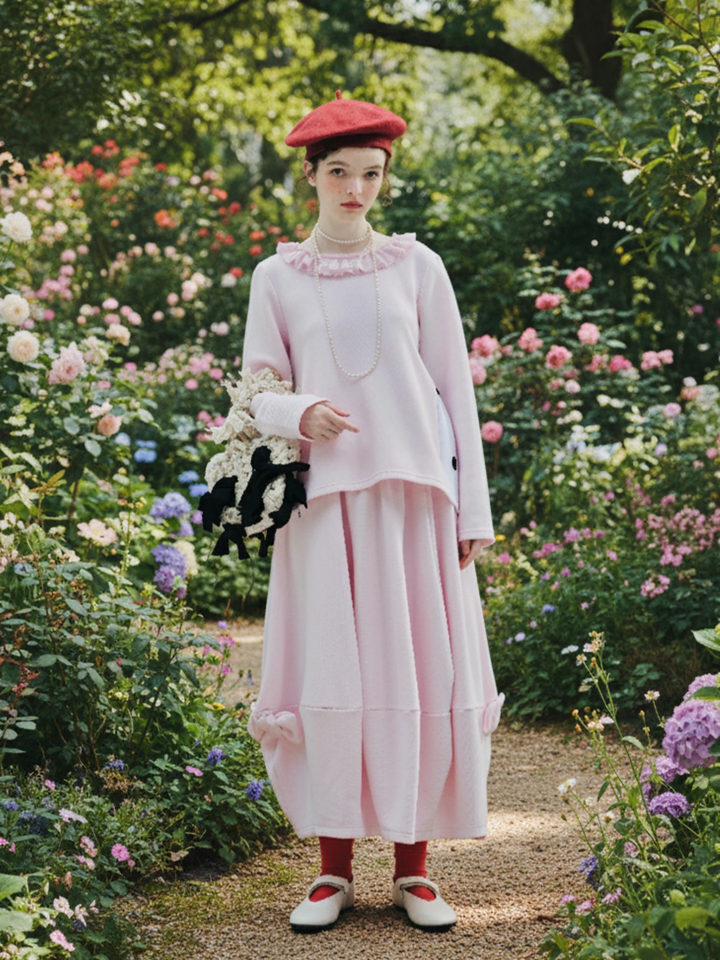 imakokoni 2025 Autumn Japanese-Style Artistic Sakura Pink Elastic-Waist Bowknot Lantern Skirt 255247