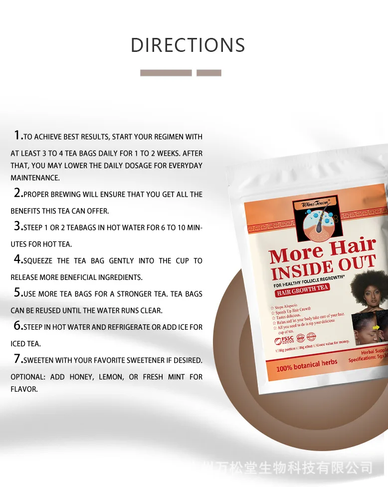 2 كيس شاي نمو الشعر، شاي الأعشاب الصيني الطبيعي، كيس شاي إعادة نمو الشعر للرجال والنساء 30 كيس شاي