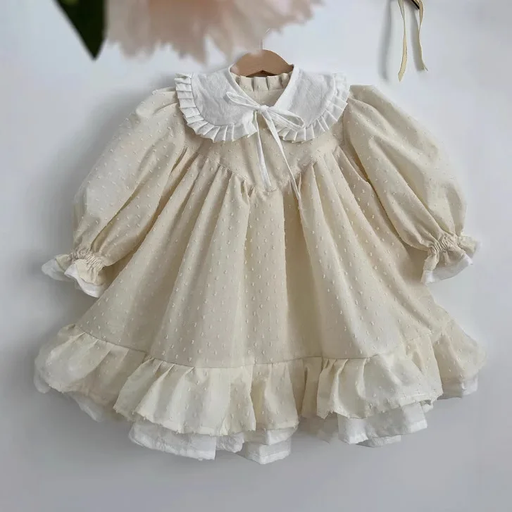 2025 Eastern European Girl Spring and Autumn Polka Dot Cotton Detachable Ruffle Collar British Palace Style Dress