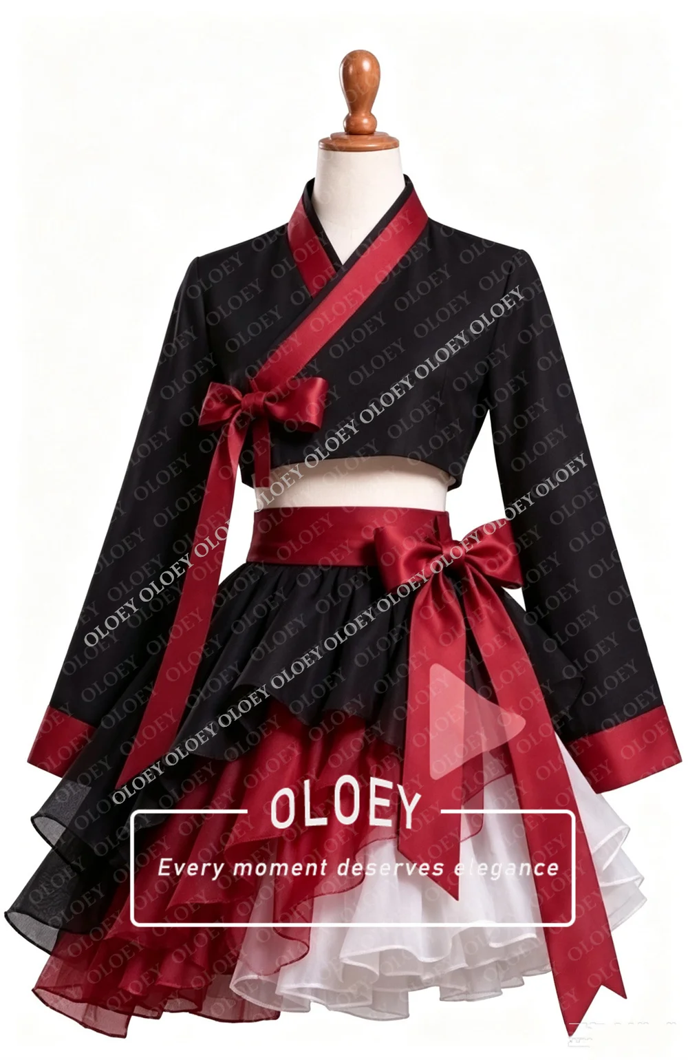 OLOEY Unique Two Piece Korea Hanbok Cross Collar Long Sleeve Top Multi Layer Ruffle Organza Skirt Concert Performance Customized