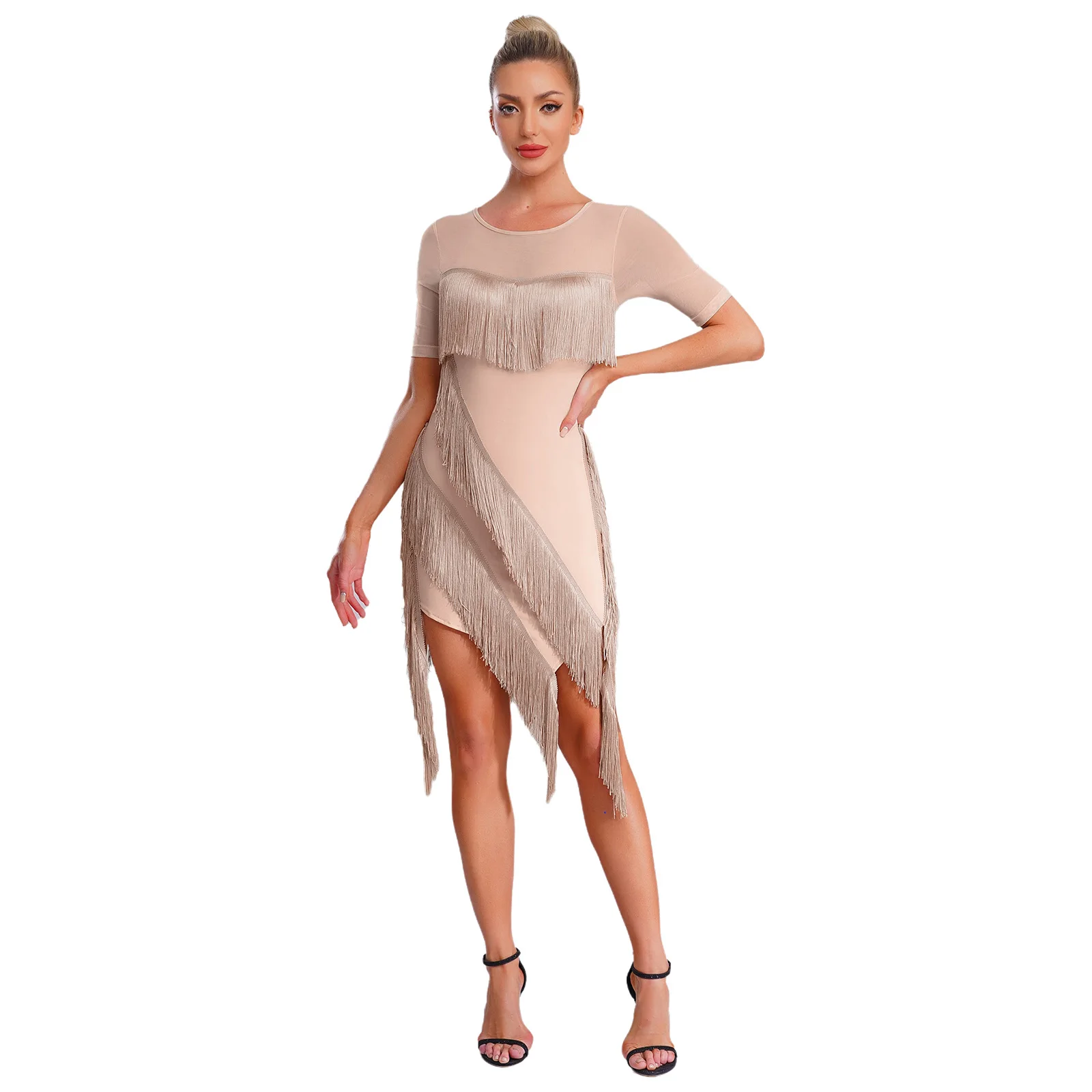 

Women Latin Tango Dance Dress with Safety Shorts Tiered Tassel Short Sleeve Mesh Shoulder Dress for Chacha Rumba Salsa Dancewear