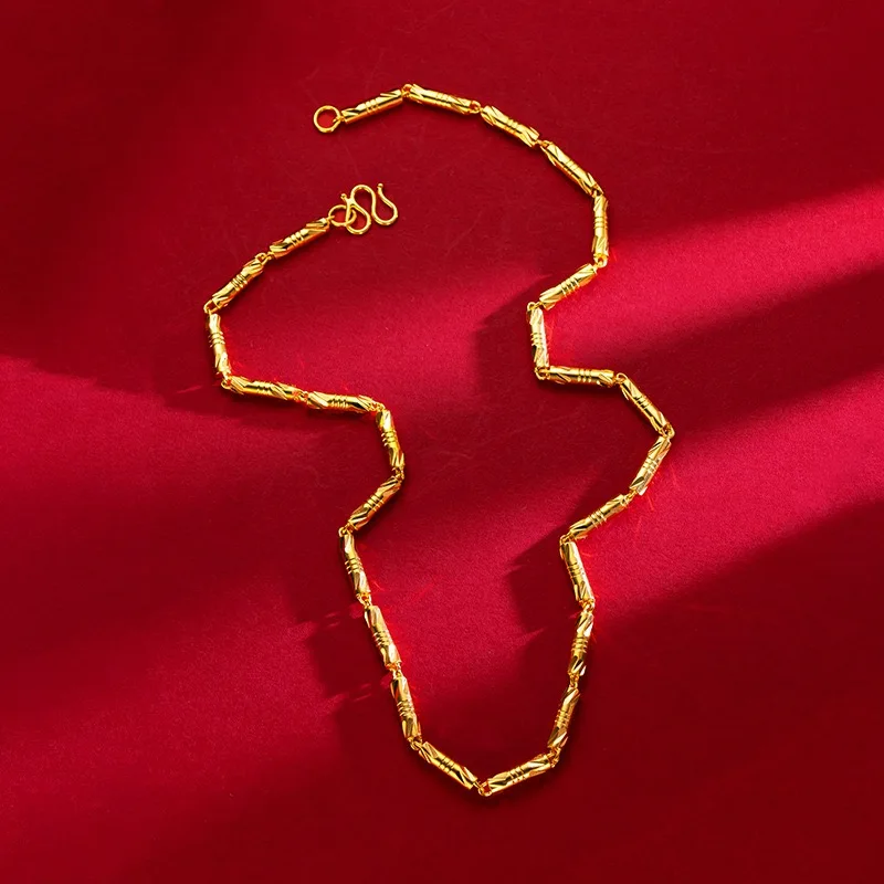 24K gold cylindrical double bamboo necklace 9999 real gold men's and women's solid color bamboo knot gold jewelry necklace gift