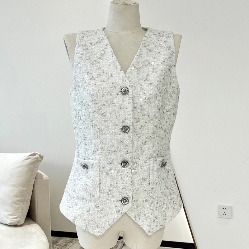 

Sequined Tweed Vest for Women, Elegant Waistcoat, V-neck, Slim-fit, Temperament Sleeveless Coat, Women's Top, White, 2024, New