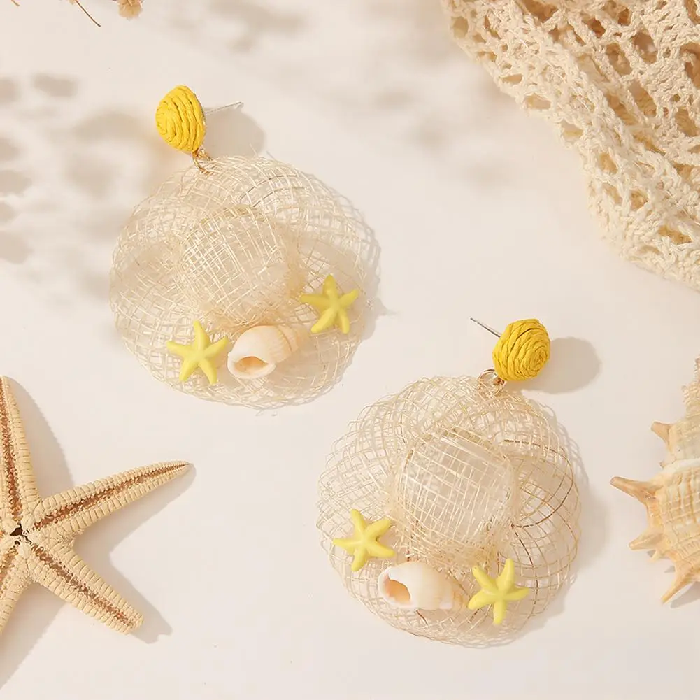 Boho Woven Earrings Boho Raffia Statement Earrings Woven Straw Starfish Dangle Earrings Handmade Rattan Hoop for Women Summer