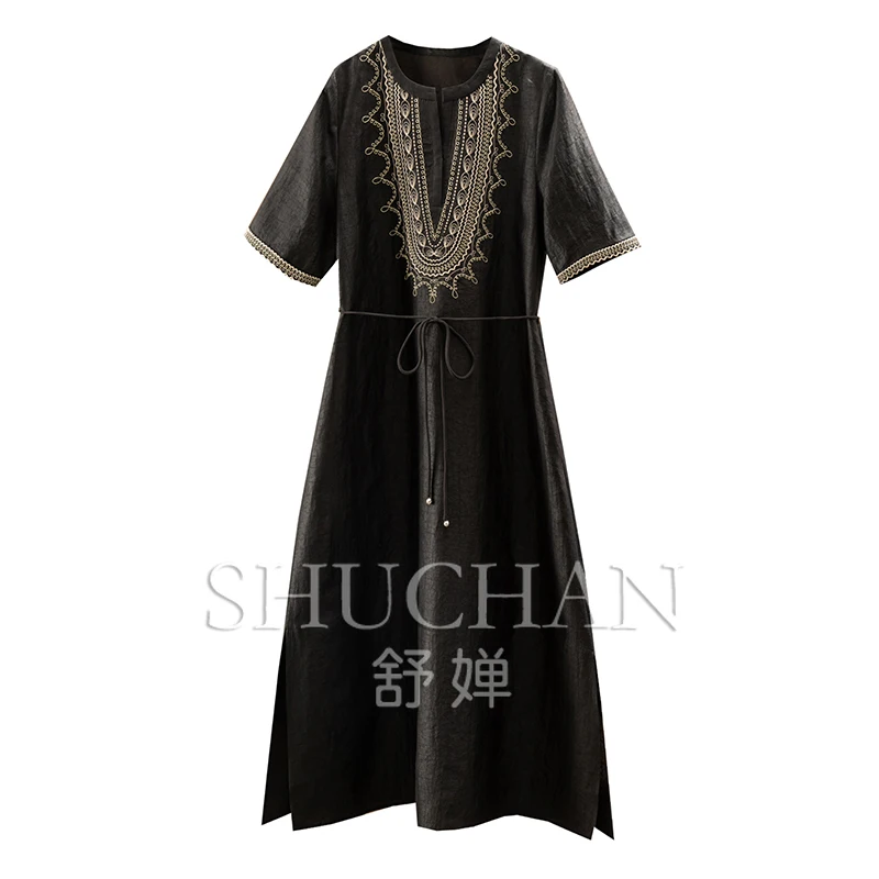 

Embroidery Silk Fragrant Cloud Yarn Turtle Crack Short-sleeved Dress Women Vestido Feminino Dress for Women