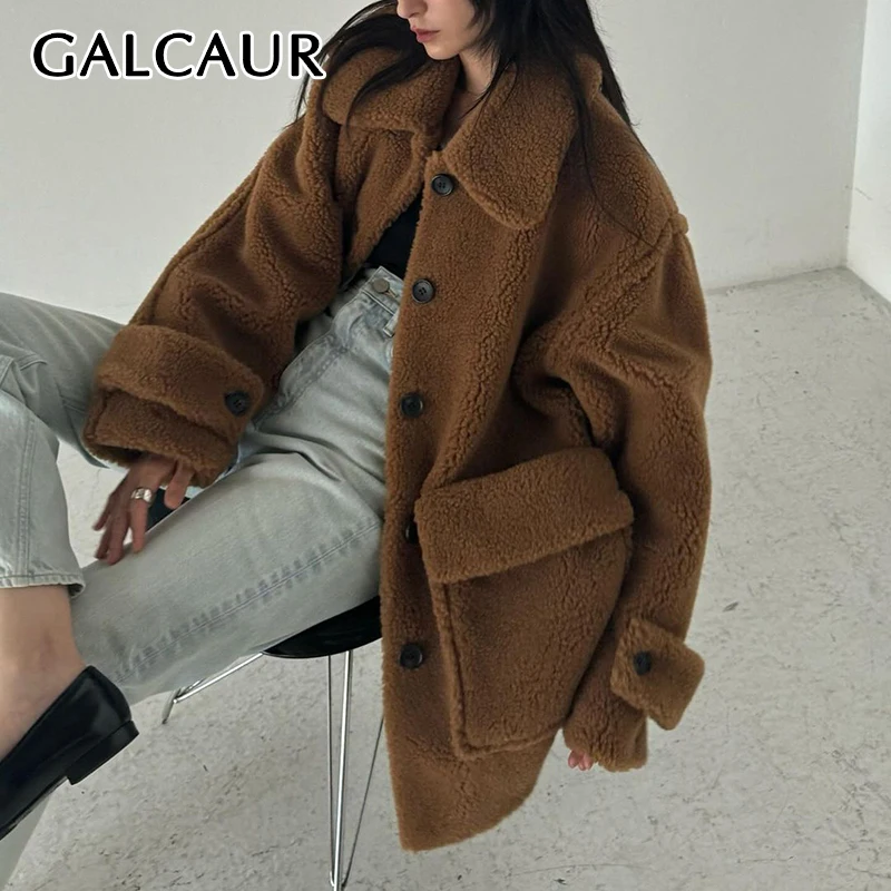 

GALCAUR Spliced Large Pockets Fur Coat For Women Lapel Long Sleevepatchwork Single Breasted Streetwear Fashionable Jacket Female