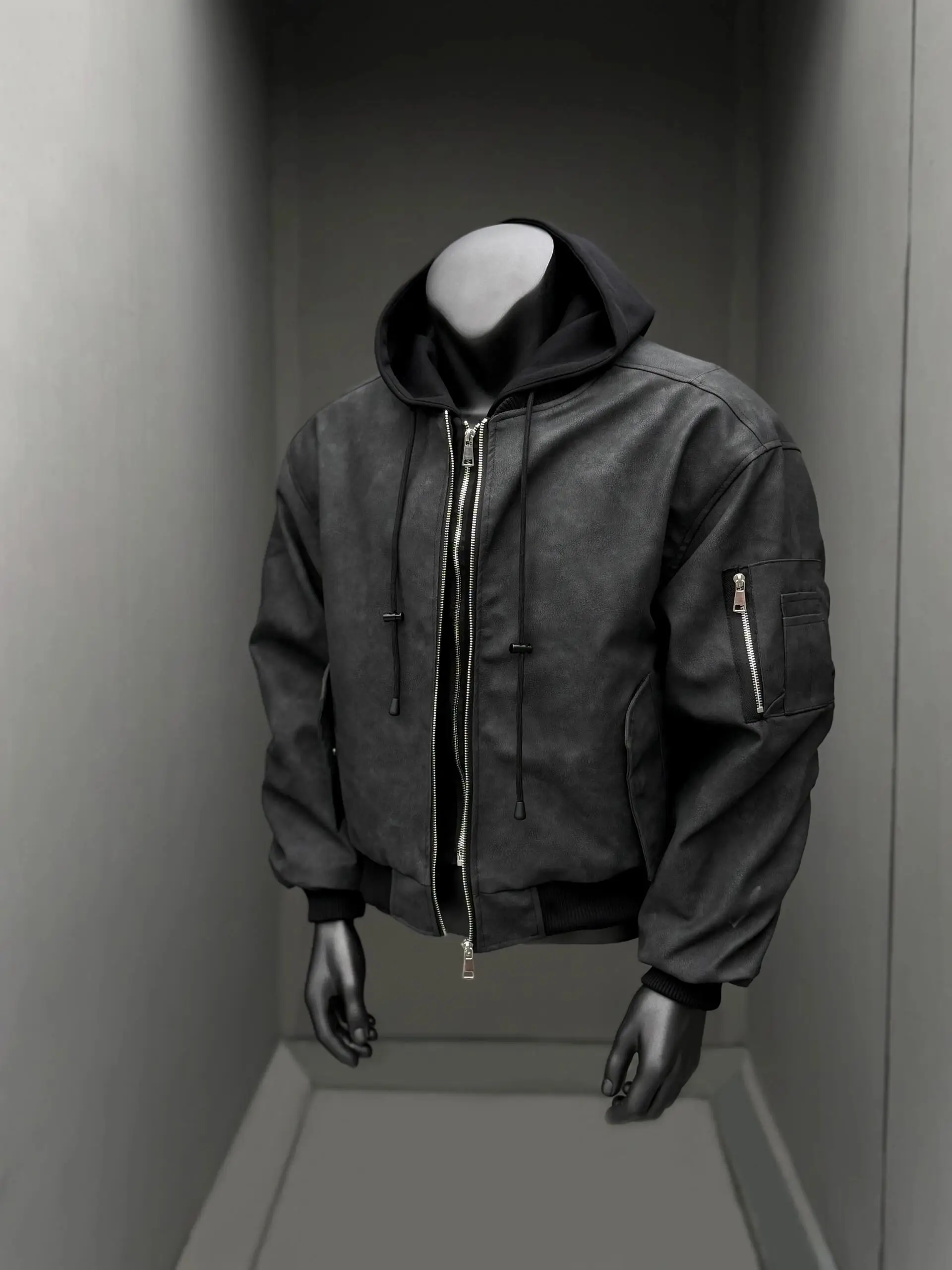 

Thiened Cotton PU Leather Jaet Men's Winter American Sle Warm Coat Bomber Hooded Jaet Youth Casual Long Sve Coat