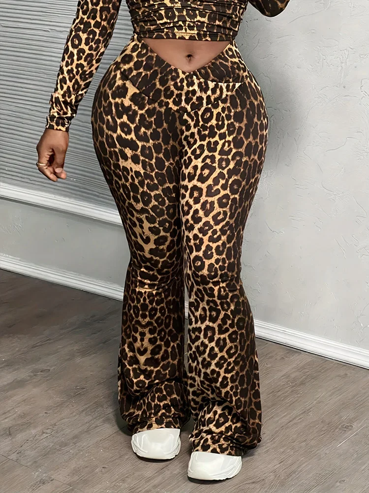 GIBSIE Plus Size Women's Clothing Set Leopard Print Deep V-Neck Long Sleeve Slim Top And Flared Pants Sexy Club 2 Piece Sets