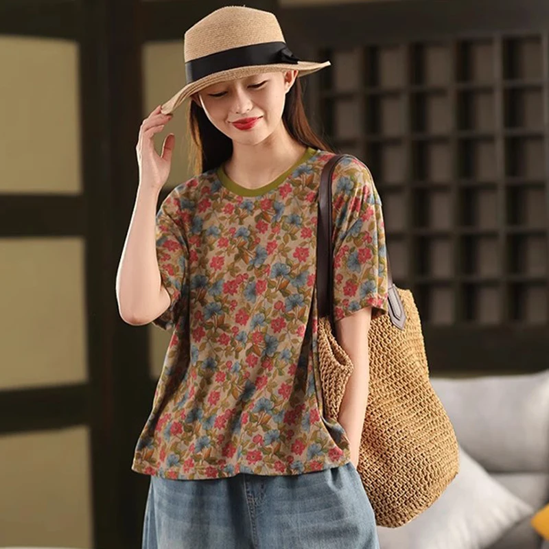 Mass Wass 2025 Zomer Vrouwtjes Mode Vintage Bedrukte T-shirts Dames Klassieke Losse Bloemenkleding Vrije tijd Elegante Katoenen Tops