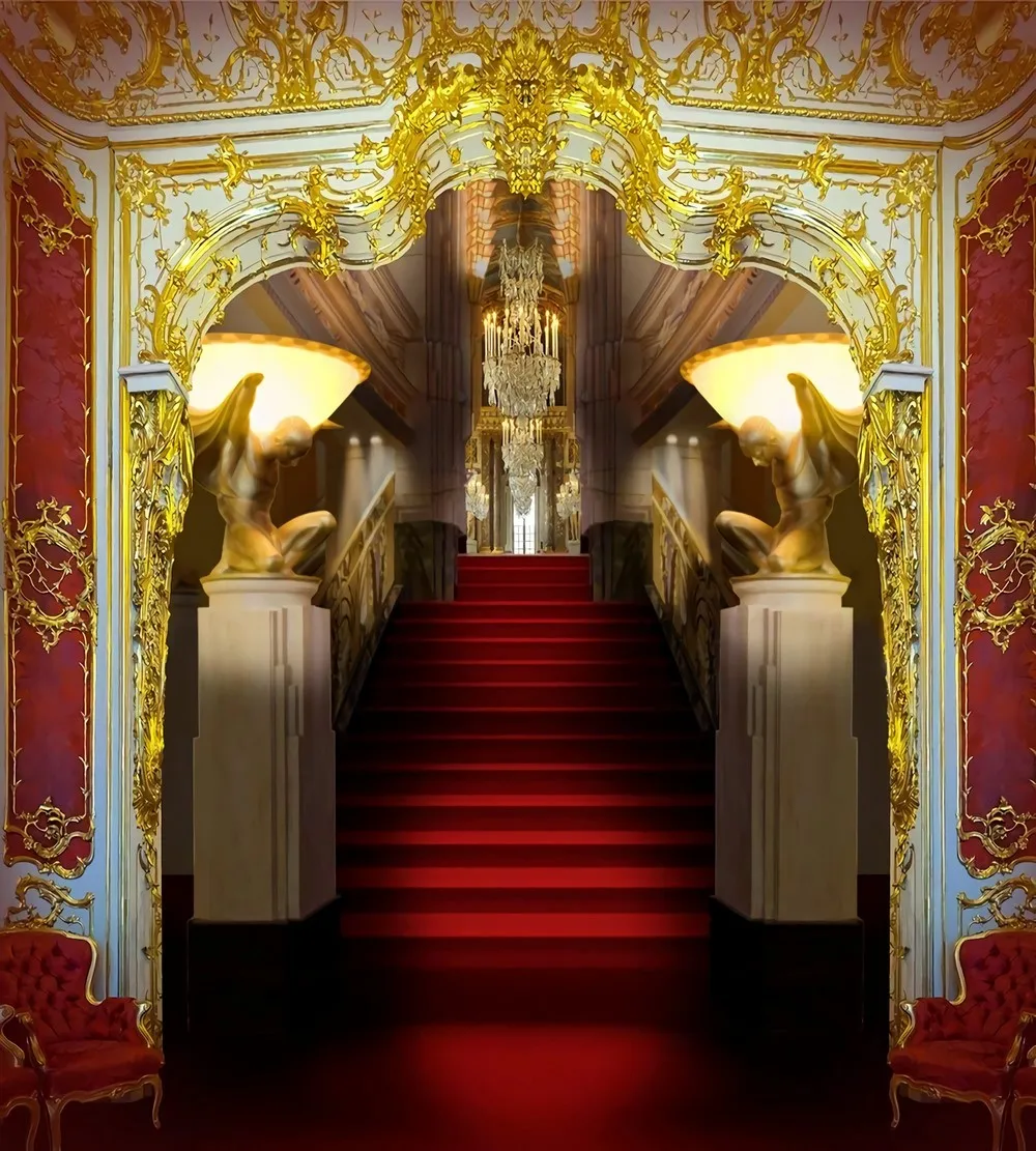 

Royal Red carpet Staircase Palace Castle Column backdrops High quality computer print wedding Photography Studio Backgrounds