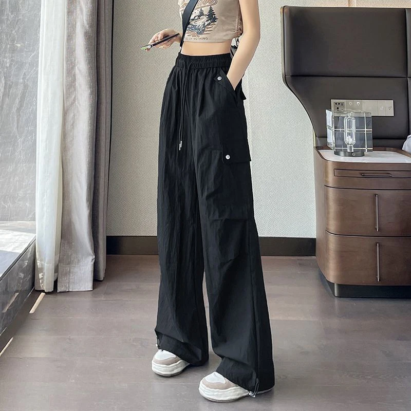 Y2K American Quick-Drying Cargo Pants Women Summer Thin Casual Wide-Leg Pants Bf High Waist Multi Pocket Loose Straight Trousers