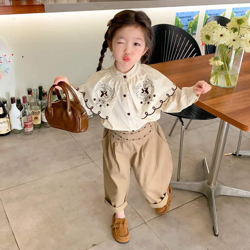 Children Clothing 2024 Spring and Autumn New Girls French Style Large Lapel Embroidered Shirt Straight Leg Pants Two Piece Set