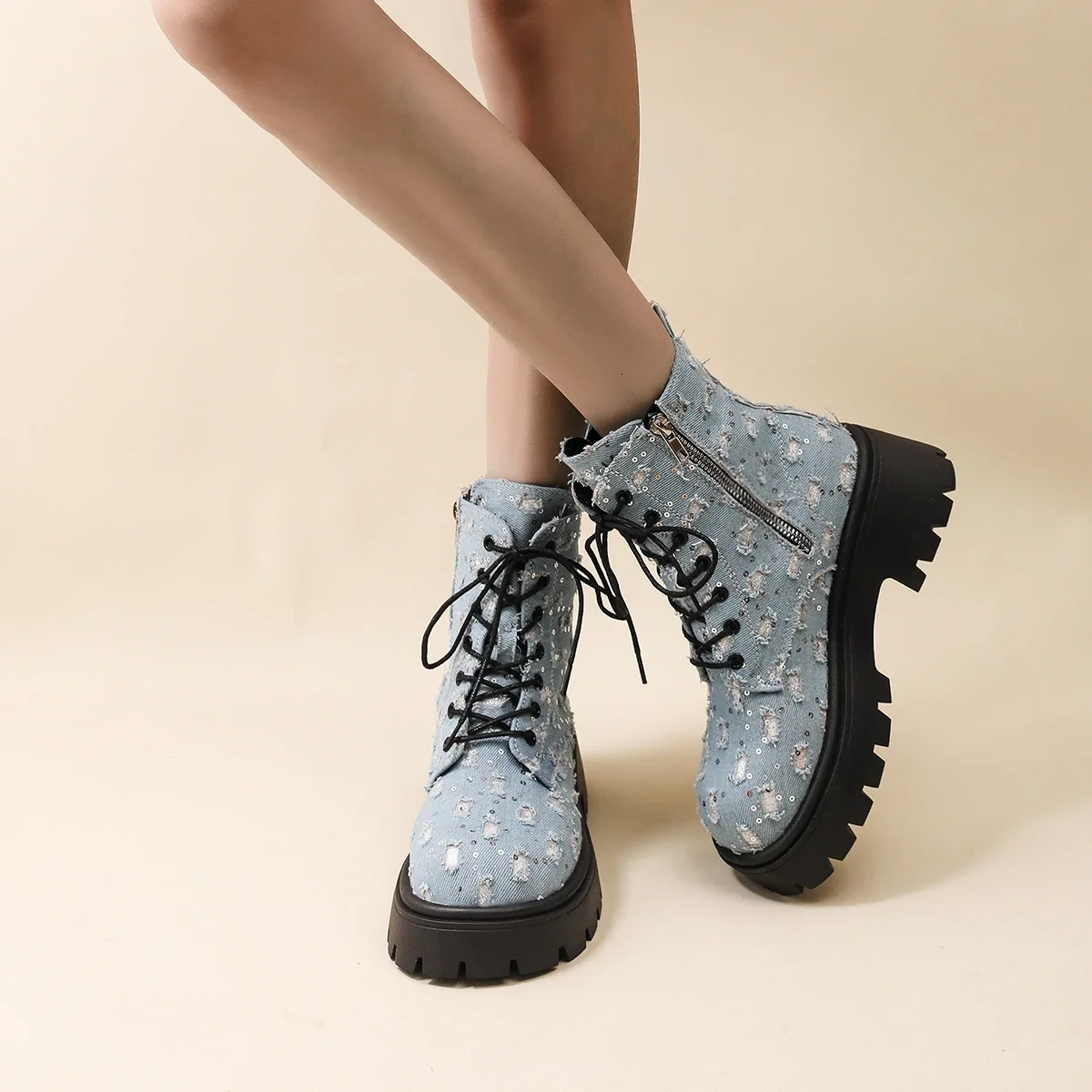 2024 חדש העקב גבוה מגפי עגל כחול חגורת אבזם קרסול בצד רוכסן סתיו חורף גבוה