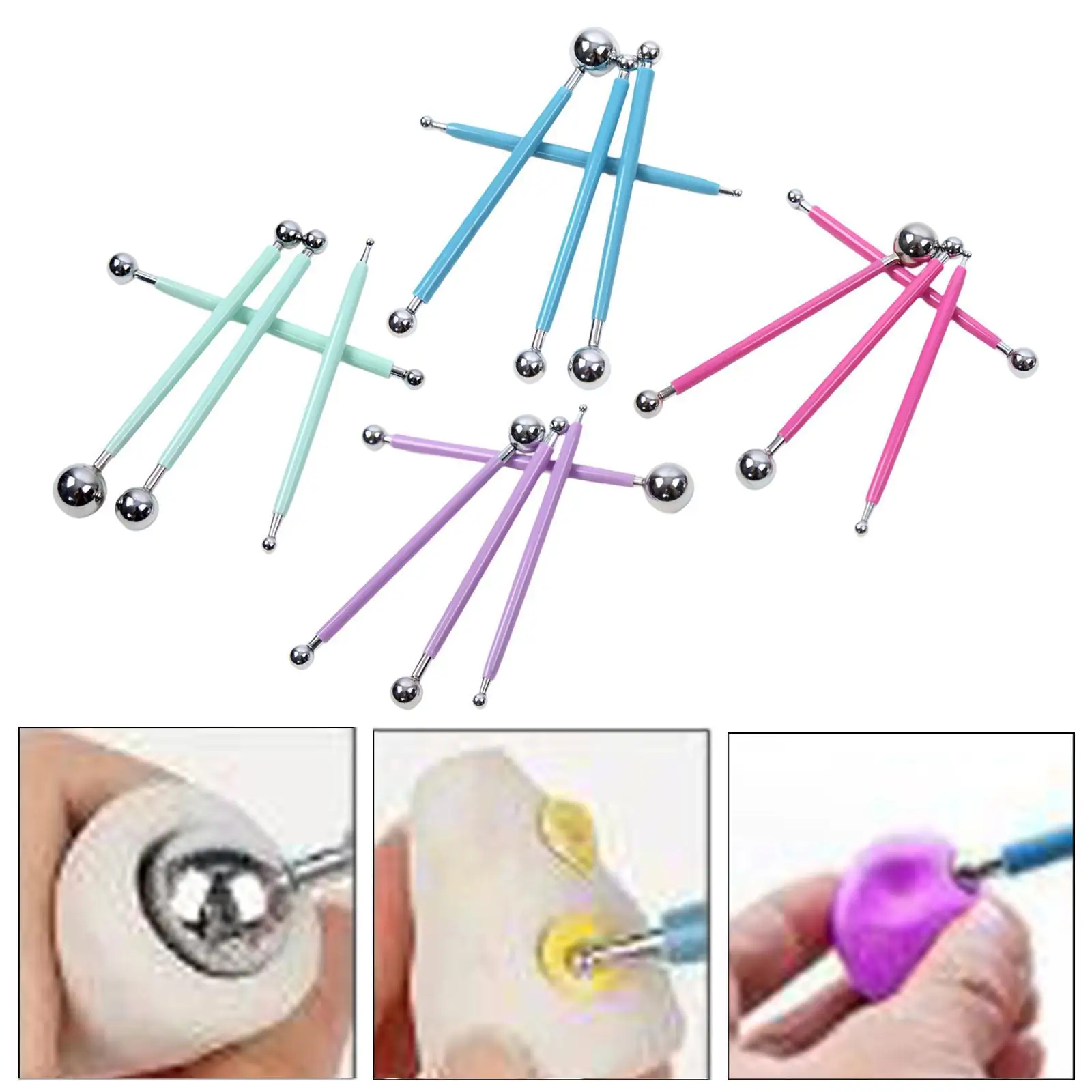 4 Pieces Ball Stylus Dotting Tools Cake Decoration Tool Embossing Pattern Pottery Clay Modeling Sticks Double Ended Metal Balls