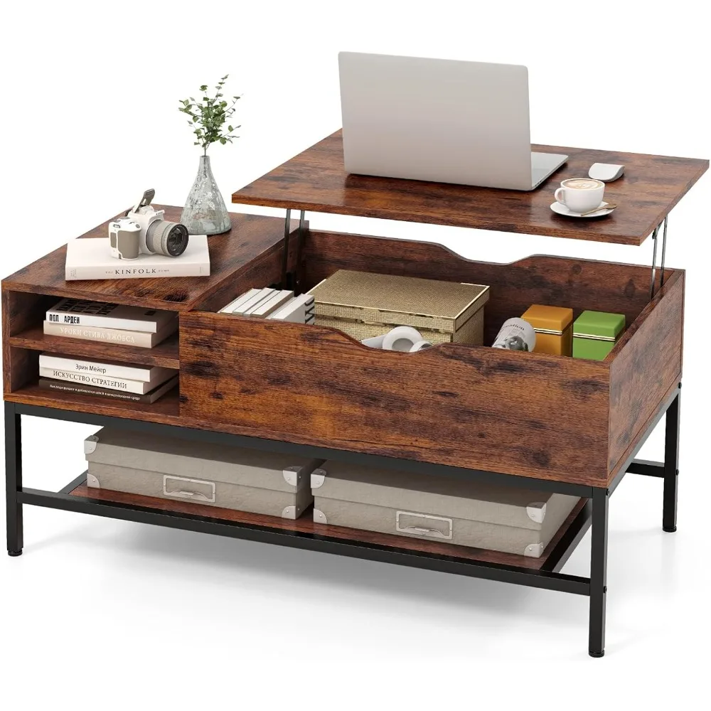 

Lift Top Coffee Table, Coffee Table with Storage Shelf and Hidden Compartment, Wood Lift Tabletop, Industrial Dining