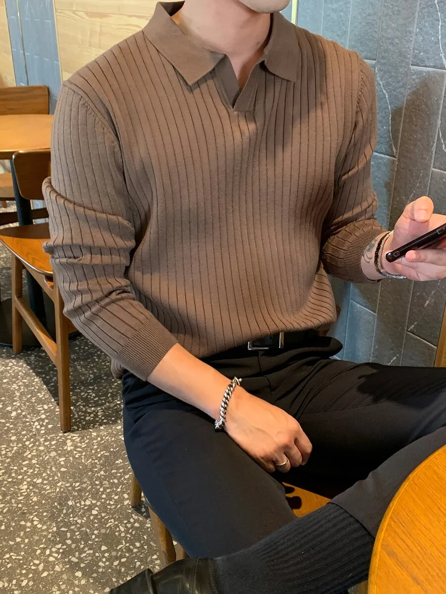 Men's Ribbed Knit Polo Sweater in Solid Brown - Business Casual Fall Wear