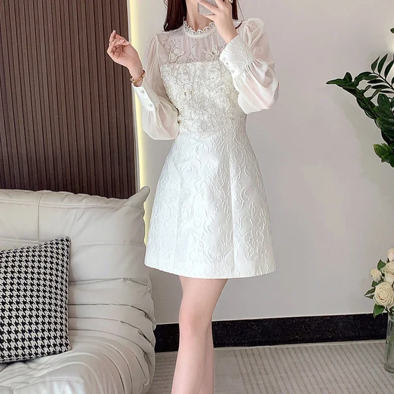 White Jacquard Beading Dress Women Lantern Sleeve High Waisted Bodycon Clothing Elegant Vintage Luxury Design Vestido