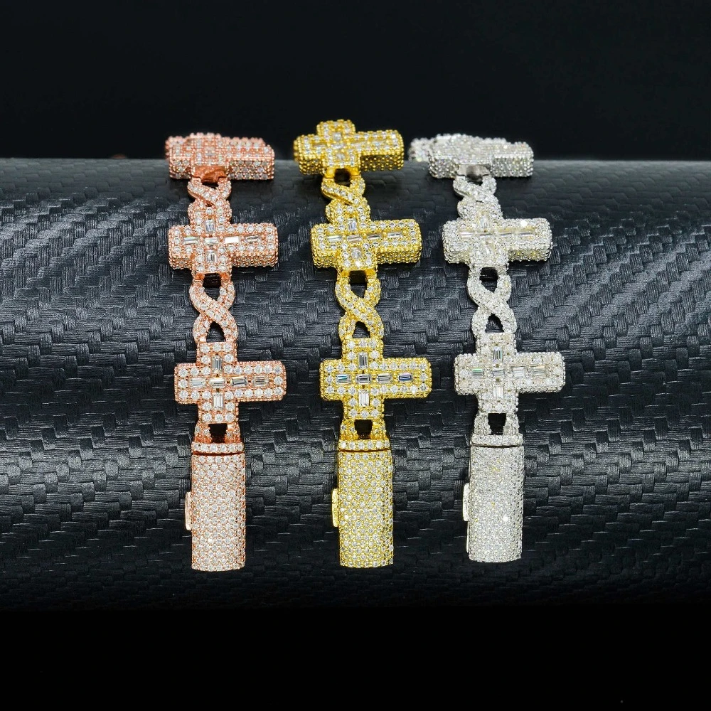 15mm Baguette Cut Moissanite Cross Chain Bracelet 925 Sterling Silver Plated 18k Gold Diamond Link Bracelets Pass Tester Gift