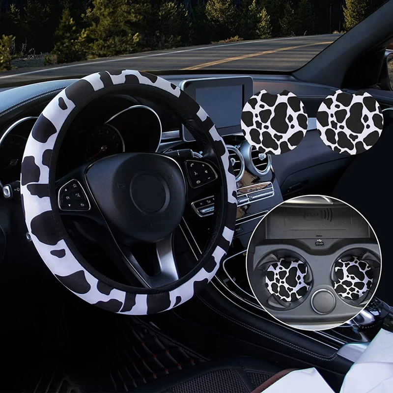 Cow Steering Wheel Cover For Women With 2PCS Car Coasters, Cow Print Non-Slip Suitable For Girls