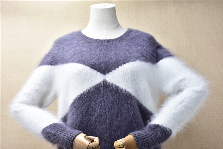 Ladies Women Spring Autumn Clothing Colored Hairy Mink Cashmere Knitted O-Neck Long Sleeves Slim Blouses Pullover Angora Sweater