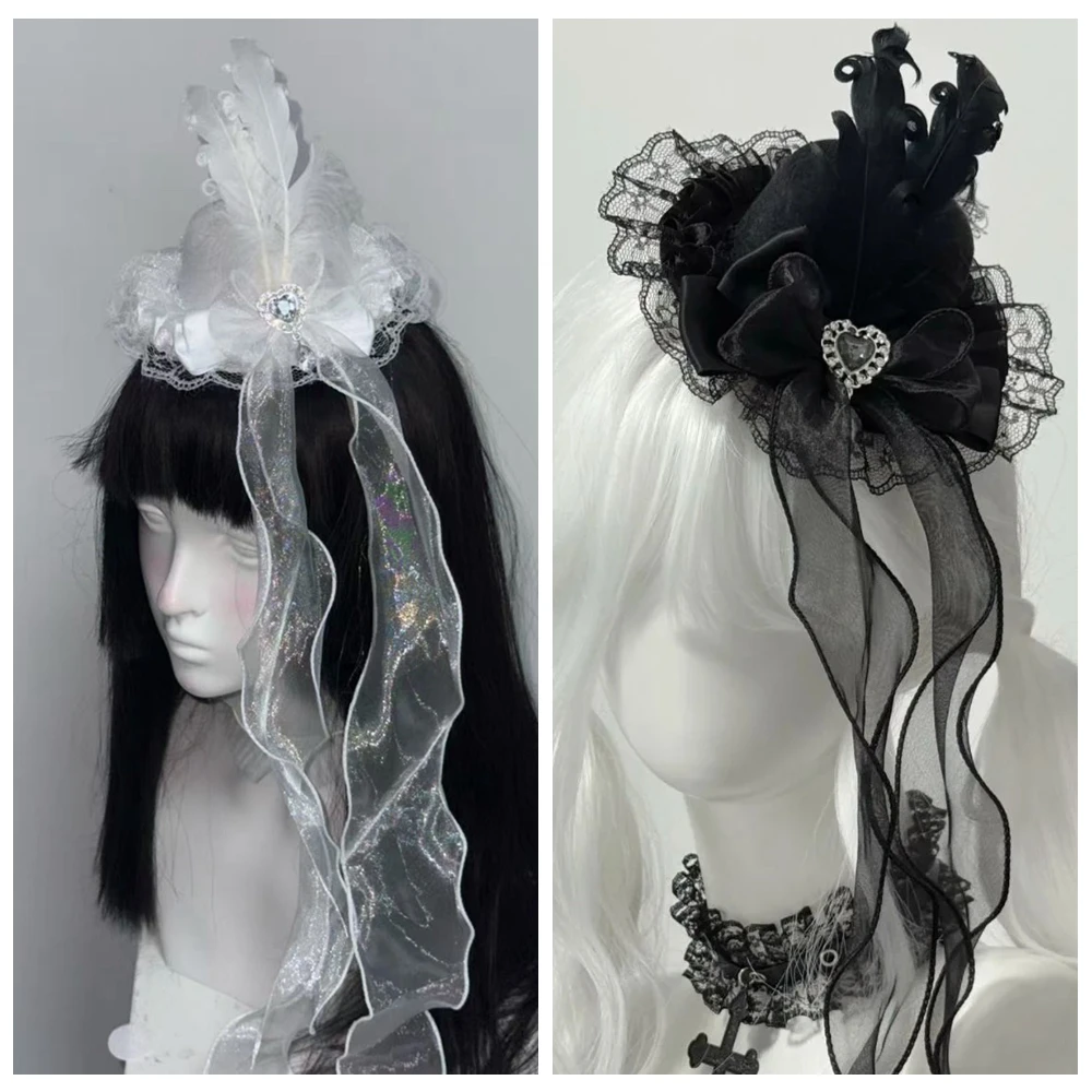 

Japanese Sweet Lolita Princess Lace Bow Feather Top Hat Headdress Women Girls Cosplay Party Hairpin Hats Hair Accessories