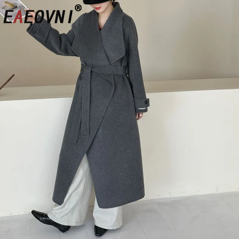 

EAEOVNI Winter Wool Long Coat Women Fashion Lapel Solid Color Belt Gathered Waist Jacket Outerwear Office Lady 2025 New Clothing