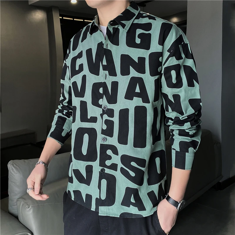 Men's Turn-down Collar Spring Autumn Letter Printing Long Sleeve Button Cardigan Coats Shirts Casual Fashion Office Lady Tops