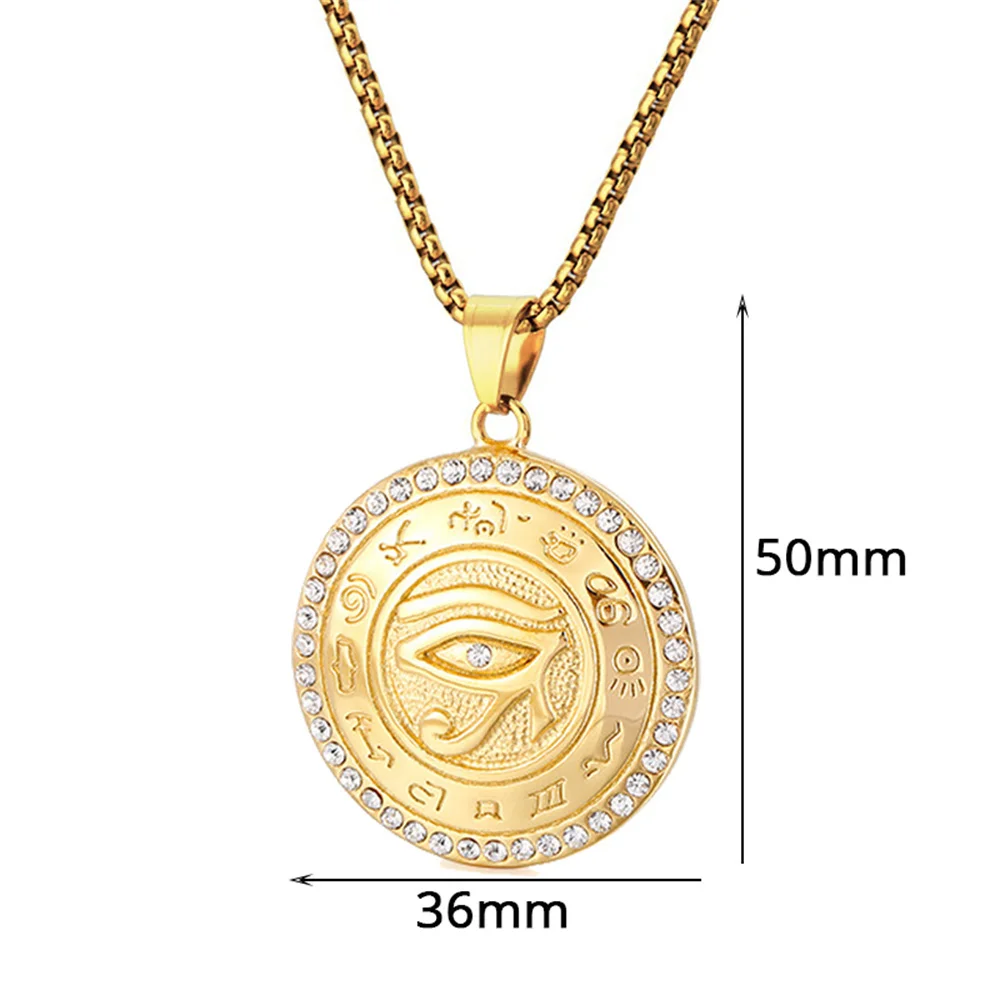 مصر القديمة عين حورس قلادة الذهب الذكور اللون الفولاذ المقاوم للصدأ الزركون قلادة مستديرة للرجال المجوهرات المصرية هدية 2025