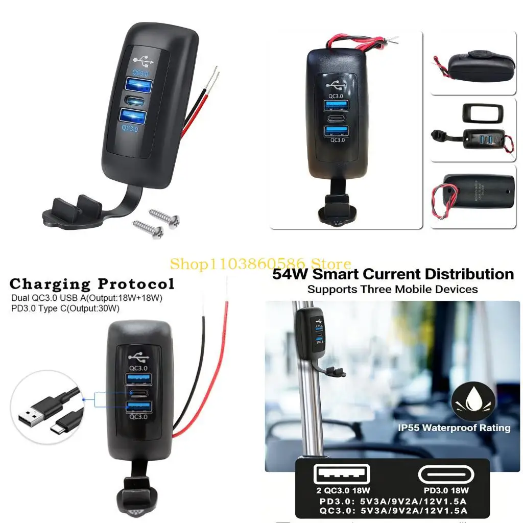 242A USB Outlet Car Adapter For RVs Truck Boat 18W Double USB Ports And 30W PD3.0 Type C Port Simple Screw Fixation
