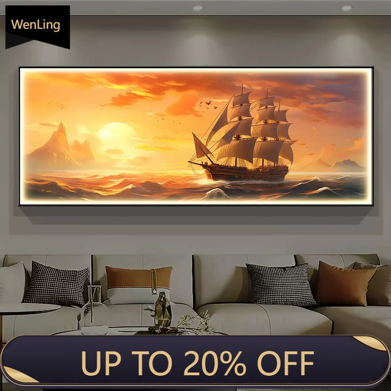 Smooth Sailing Living Room Lamp Painting High-Grade Luminous Diamond-Encrustation Sofa Background Wall Bedroom Mural Lamp