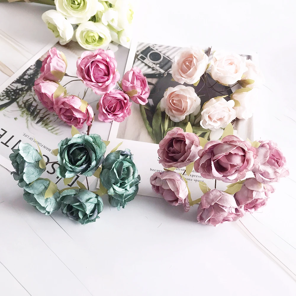 European-style retro rayon tea roses 6 small flower buds bouquet wedding home retro fake flower party DIY decoration