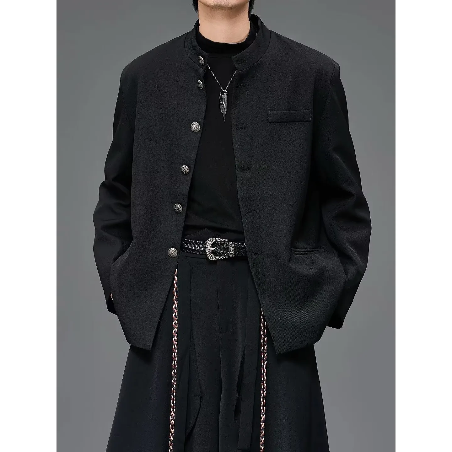 

Casual Retro Chinese Sle Men's Bla Suit Jaet Stand Collar Haome Haome Youth Faion Polyester Fiber Long Sve