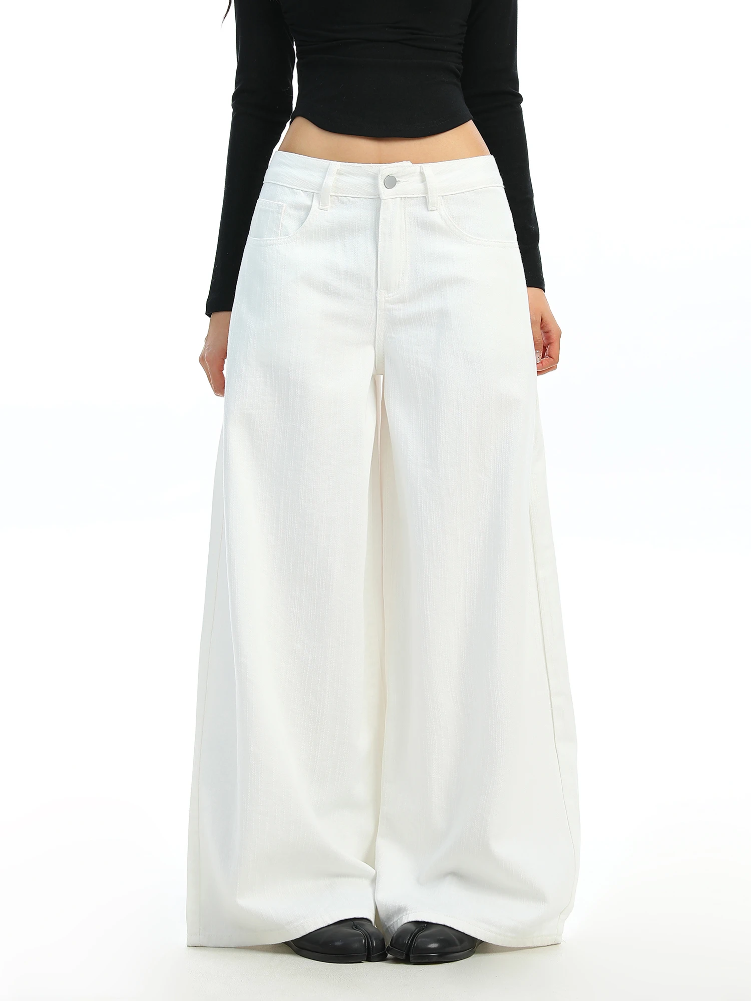 

Белые широкие джинсы, женские свободные повседневные корейские утягивающие драпированные брюки длиной до пола, брюки прямого кроя для женщин