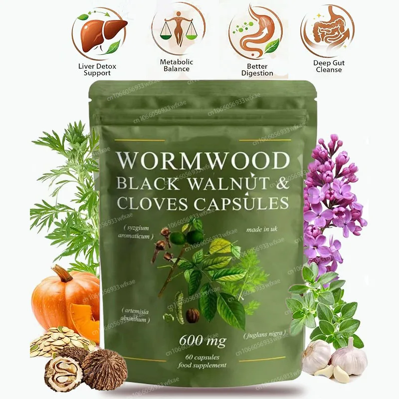 

Капсулы с полынью, черным грецким орехом и гвоздикой для очищения, детоксикации и поддержки кишечника + добавка для улучшения пищеварения